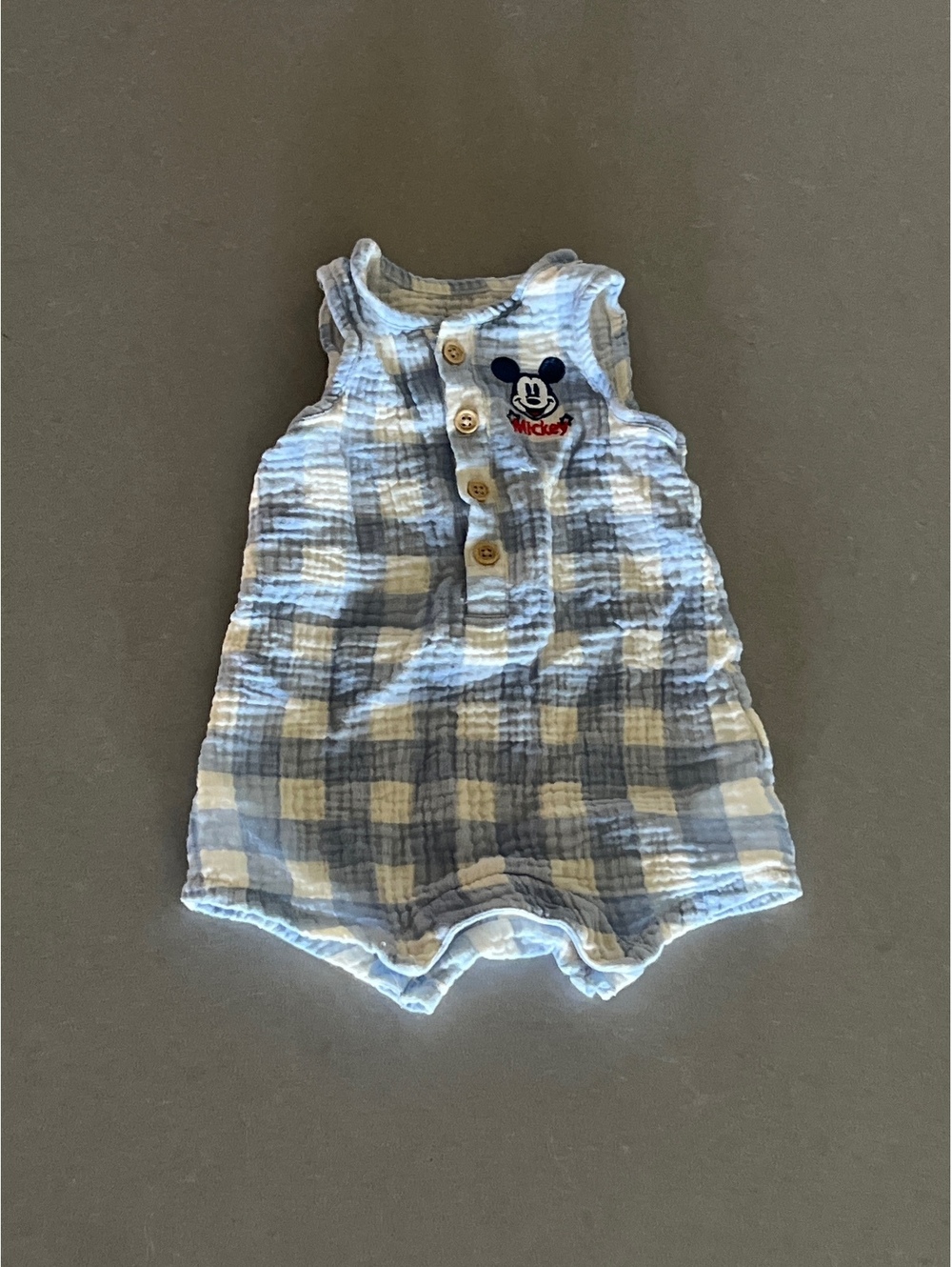 Disney Baby Mickey Mouse Blue and White Checkered Cotton One-Piece Romper 6-9M